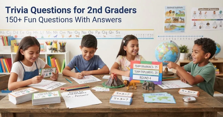 "A colorful classroom illustration featuring primary colors, counting blocks, ABC letter cubes, and a smiling star, representing trivia questions for 2nd graders with fun answers."