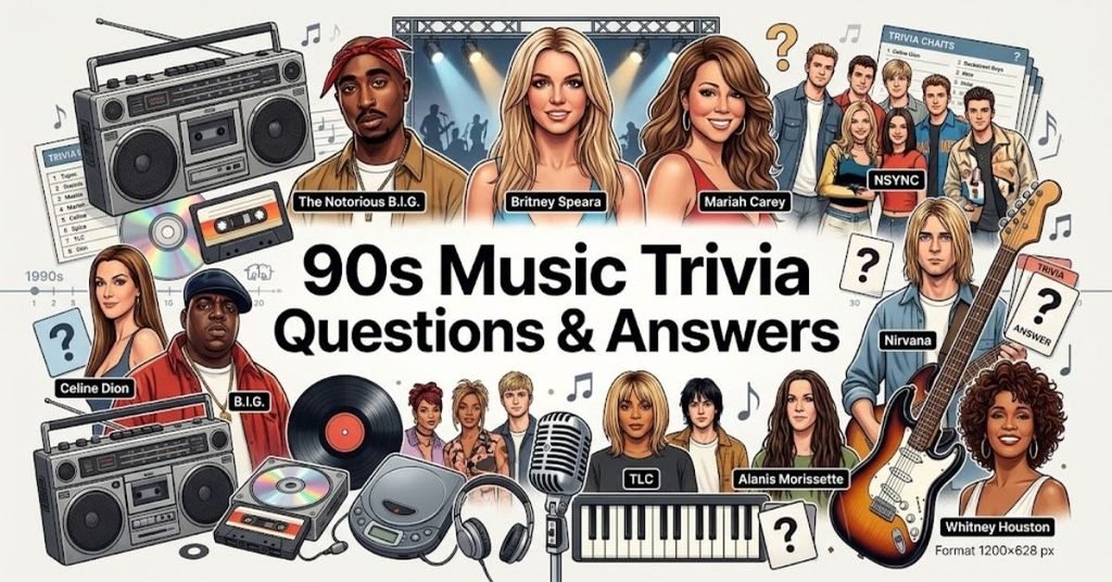 Short & Simple:"Retro 1990s compact discs and a portable CD player with colorful music notes."SEO Descriptive:"A vibrant 90s music trivia graphic featuring vintage compact discs, cassette tapes, and fun music questions and answers for fans."