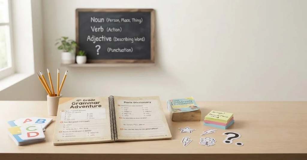 Image 2: Engaging digital quiz title graphic displaying English & Grammar Trivia with vibrant letters, books, and question marks.

