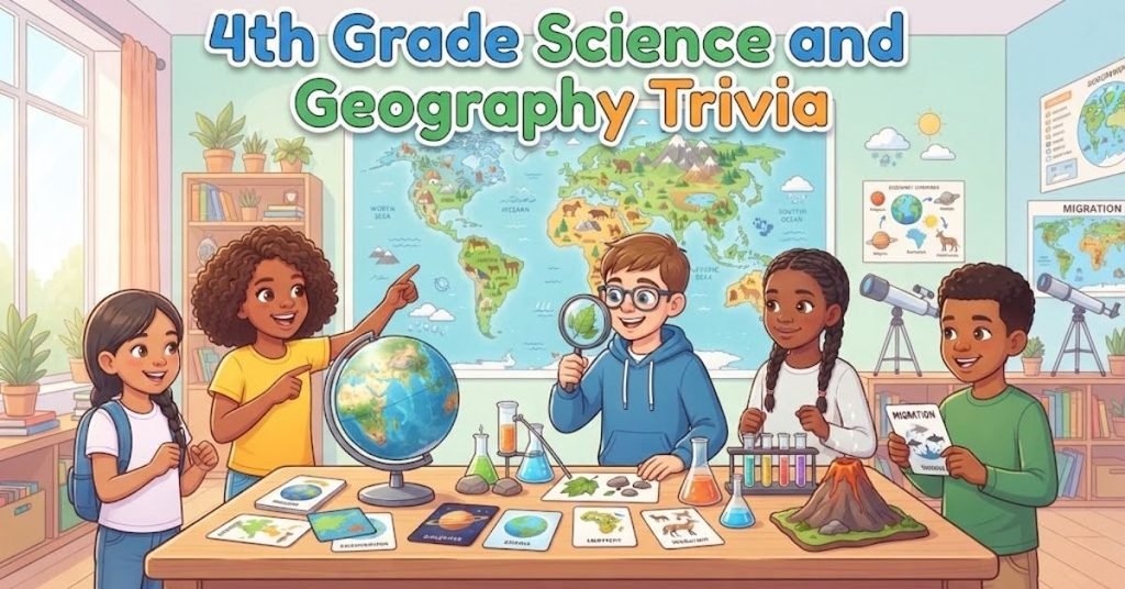 Short & Simple:"Colorful 4th grade science and geography trivia banner with a globe and microscope."SEO Descriptive:"An engaging educational graphic featuring a world globe, a science microscope, a compass, and 4th grade trivia questions for students."