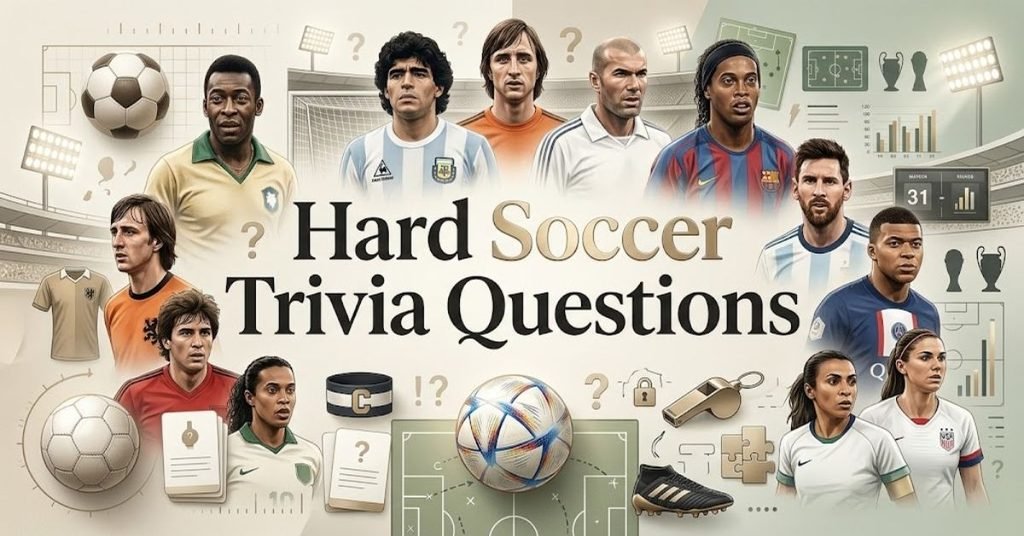 Short & Simple:"A glowing soccer ball on a dark green field under intense stadium lights."SEO Descriptive:"A challenging and dramatic soccer trivia graphic featuring a professional football on a wet pitch, goal net, and hard quiz questions text."