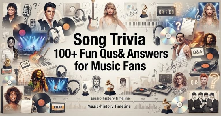 Short & Simple: "Colorful music banner featuring vintage vinyl records and glowing song notes." SEO Descriptive: "A vibrant song trivia graphic featuring retro vinyl records, musical instruments, and 100+ fun music questions and answers for fans."