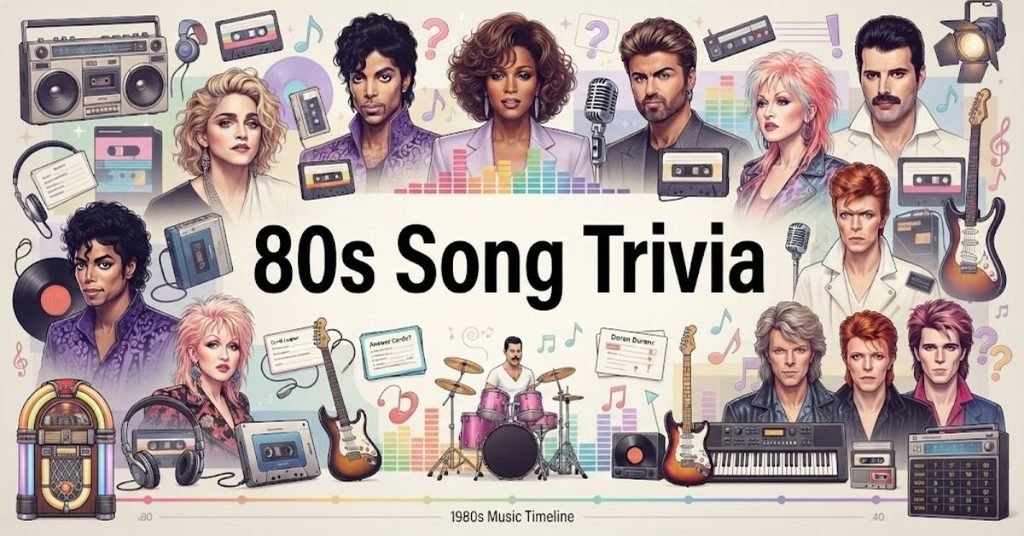 Short & Simple:"Retro 1980s cassette tape and headphones with glowing neon music notes."SEO Descriptive:"A vibrant 80s song trivia graphic featuring vintage cassette tapes, a classic boombox, and fun retro music quiz questions for fans."