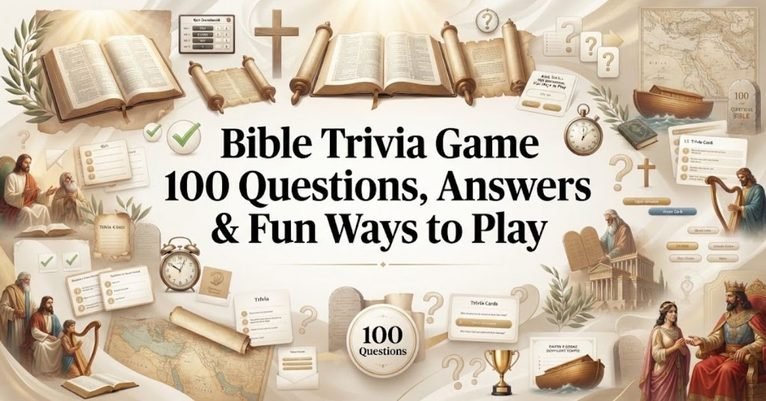 Short & Simple: "An open vintage Bible with a glowing bookmark and a wooden cross." SEO Descriptive: "An inspiring Bible trivia graphic featuring an open holy Bible, a wooden cross, glowing rays of light, and 100 questions and answers text."