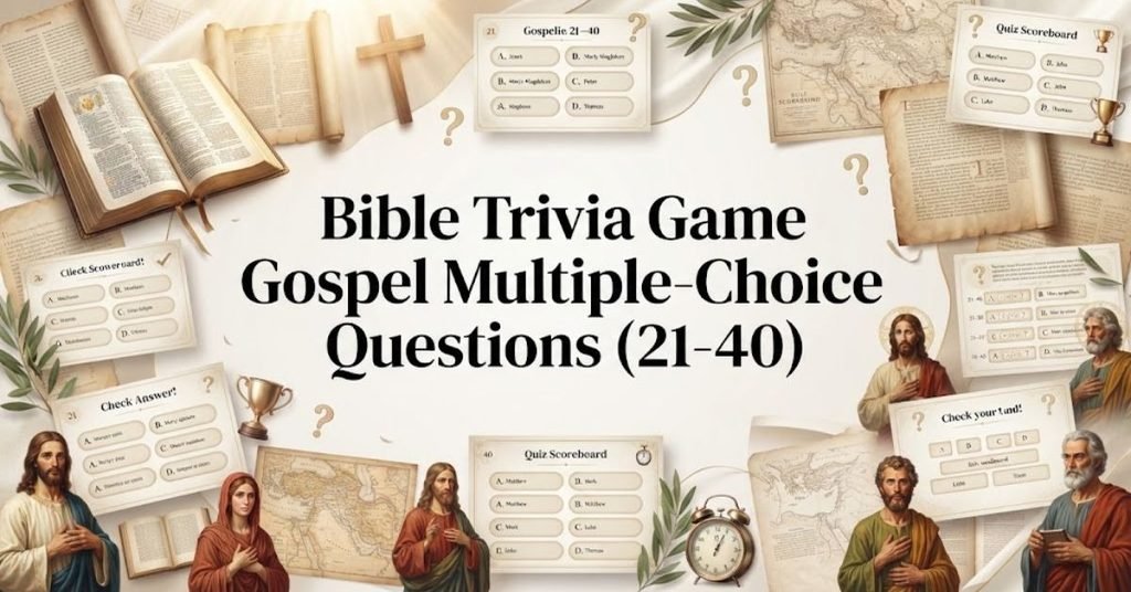 Short & Simple:"An open vintage Bible with a glowing wooden cross and quiz question marks."SEO Descriptive:"An inspiring Bible trivia graphic featuring an open scripture book, a wooden cross, glowing golden light, and Gospel multiple-choice quiz questions."
