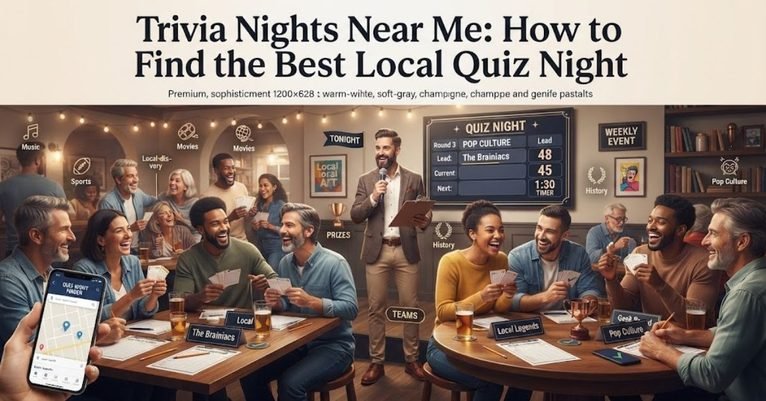 Short & Simple: "A cozy pub filled with friends participating in a lively local trivia night quiz." SEO Descriptive: "A vibrant event management graphic featuring a glowing quiz night sign, scoreboards, and tips on how to find the best local trivia nights near you."