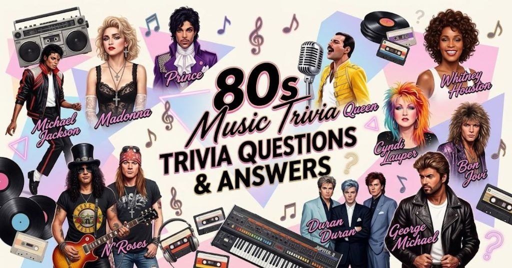 Short & Simple:"Retro 1980s vinyl record and cassette tape with neon music notes."SEO Descriptive:"A vibrant 80s music trivia graphic featuring vintage cassette tapes, a retro boombox, and glowing neon music questions text."
