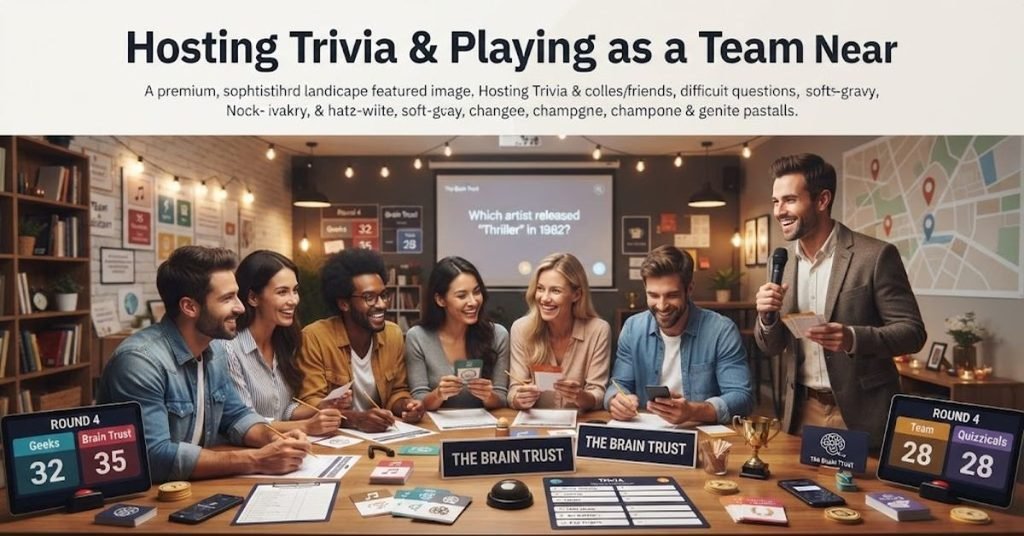 Short & Simple:"A diverse group of friends smiling and collaborating around a table during a team trivia game night."SEO Descriptive:"A lively community event graphic featuring friends working together on trivia answers, scorecards, and tips on hosting and playing team trivia nearby."
