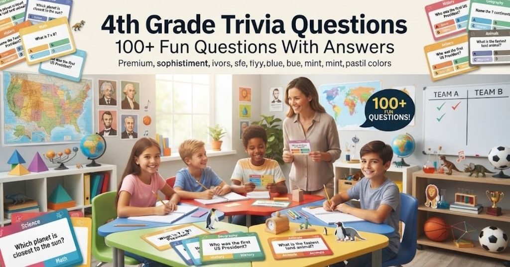 Short & Simple:"A colorful school classroom chalkboard filled with math equations and science doodles."SEO Descriptive:"A vibrant elementary education graphic featuring a green chalkboard, school supplies, and 100+ fun 4th grade trivia questions and answers for kids."