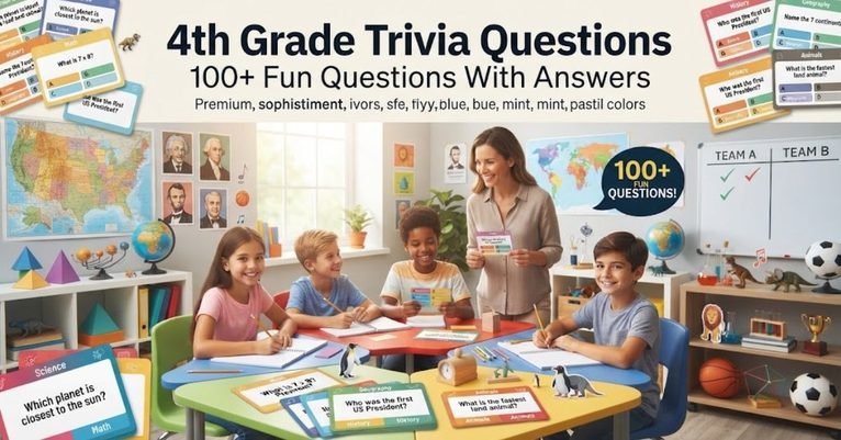 Short & Simple: "A colorful school classroom chalkboard filled with math equations and science doodles." SEO Descriptive: "A vibrant elementary education graphic featuring a green chalkboard, school supplies, and 100+ fun 4th grade trivia questions and answers for kids."