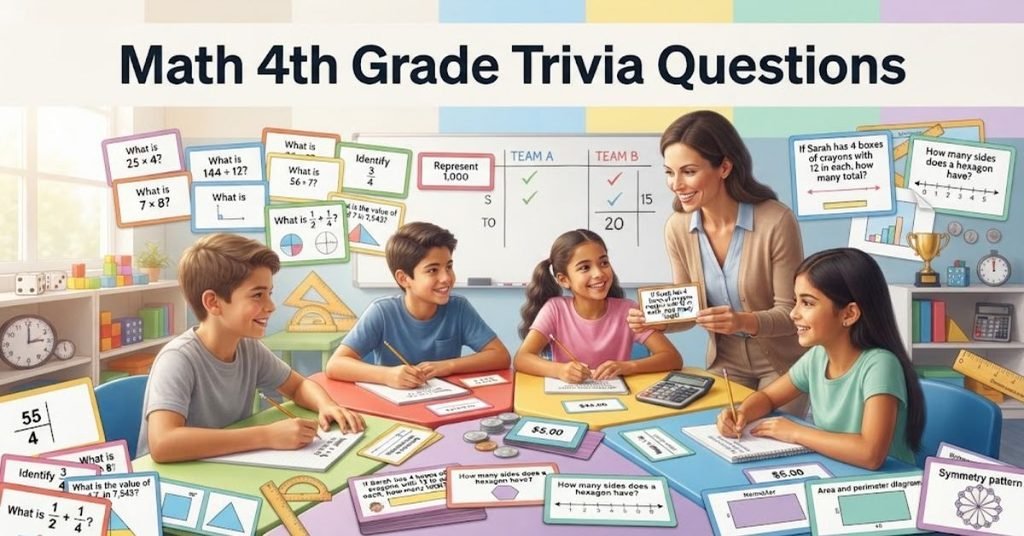 Yeh lijiye aapke topic "Math 4th Grade Trivia Questions" ke liye 2 sabse best alt text options:Short & Simple:"Colorful wooden numbers and math symbols on a bright desk."SEO Descriptive:"A vibrant elementary education graphic featuring colorful math numbers, geometric shapes, and fun 4th grade math trivia questions and answers for kids."