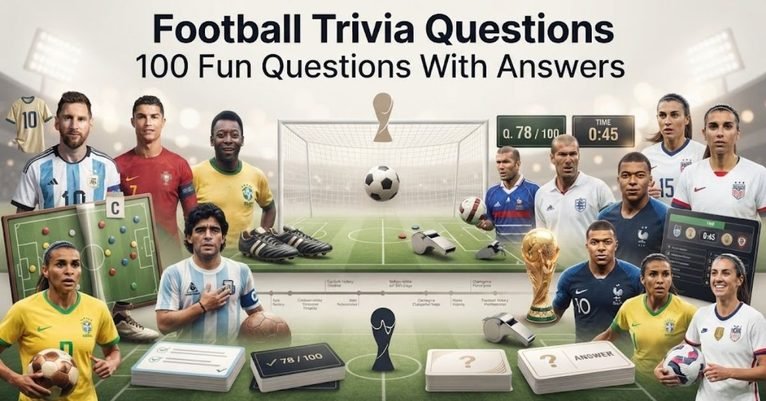 Short & Simple: "A classic leather football resting on a green turf field under stadium lights." SEO Descriptive: "An exciting football trivia graphic featuring a professional pigskin football on a yard line, goalposts, and 100 fun quiz questions and answers text."