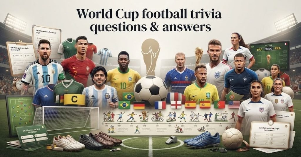 Short & Simple:"A golden World Cup soccer trophy resting on a bright green field."SEO Descriptive:"An exciting FIFA World Cup football trivia graphic featuring a shiny golden tournament trophy, a soccer ball on a lush green pitch, and fun quiz questions and answers."