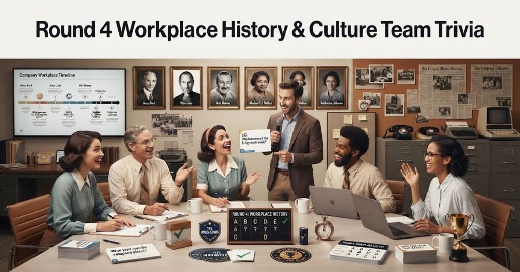 Yeh lijiye aapke topic "Round 4 Workplace History & Culture Team Trivia" ke liye 2 sabse best alt text options:Short & Simple:"An office team collaborating around a whiteboard during a workplace history and culture trivia game."SEO Descriptive:"A corporate team-building graphic featuring office workers brainstorming trivia questions, a modern workspace background, and workplace history and culture quiz round text."