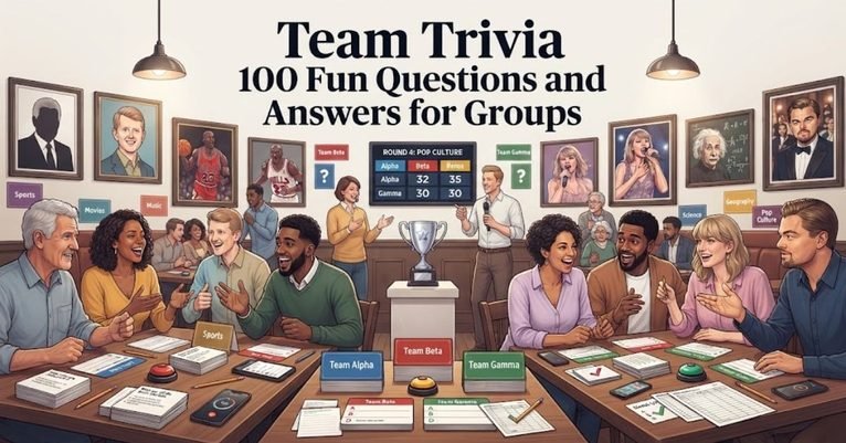Short & Simple: "A group of cheerful friends collaborating and brainstorming answers together during a team trivia game night." SEO Descriptive: "A vibrant team-building and game night graphic featuring diverse friends working together, scoreboards, and 100 fun trivia questions and answers for groups."