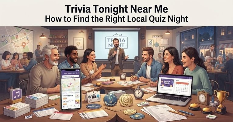 Short & Simple: "A glowing neon trivia sign hanging inside a lively local pub hosting a quiz night." SEO Descriptive: "A vibrant event discovery graphic featuring a neon quiz night sign, beer glasses, and a guide on how to find the right local trivia nights happening tonight near you."