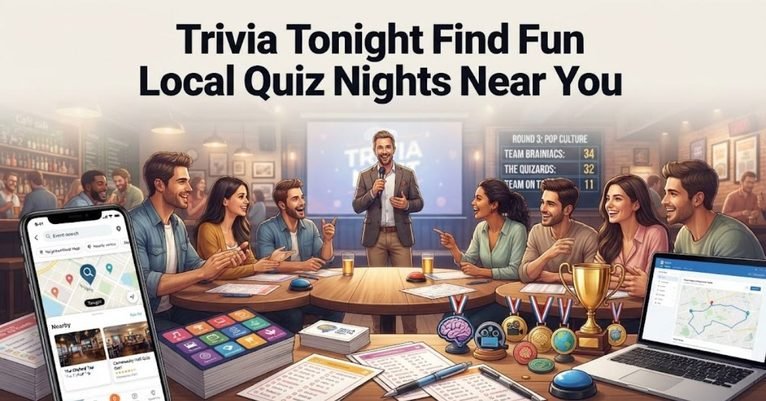Short & Simple: "A glowing neon trivia night sign lighting up a cozy local pub." SEO Descriptive: "A vibrant event planning graphic featuring a neon quiz night sign, drinks, and a guide on how to find fun local trivia nights happening tonight near you."