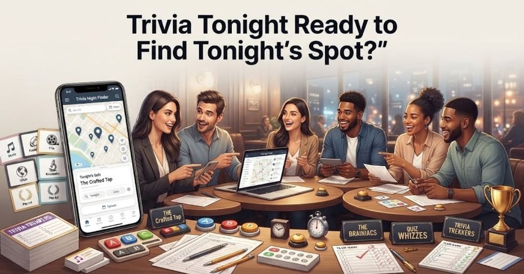 Short & Simple:"A glowing neon trivia night sign welcoming players to a local quiz venue."SEO Descriptive:"A vibrant local event graphic featuring a glowing neon quiz night sign, drink glasses, and a guide to help you find the best trivia spot tonight near you."