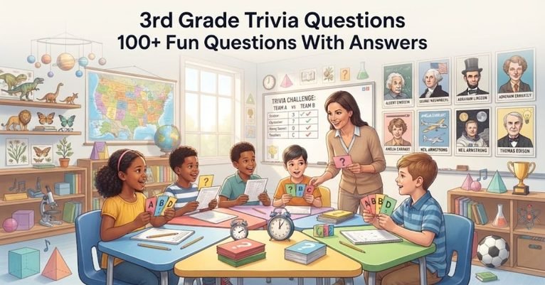 Short & Simple: "A colorful classroom chalkboard filled with elementary math, science, and spelling doodles." SEO Descriptive: "A vibrant elementary education graphic featuring a green chalkboard, school supplies, and 100+ fun 3rd grade trivia questions and answers for kids."