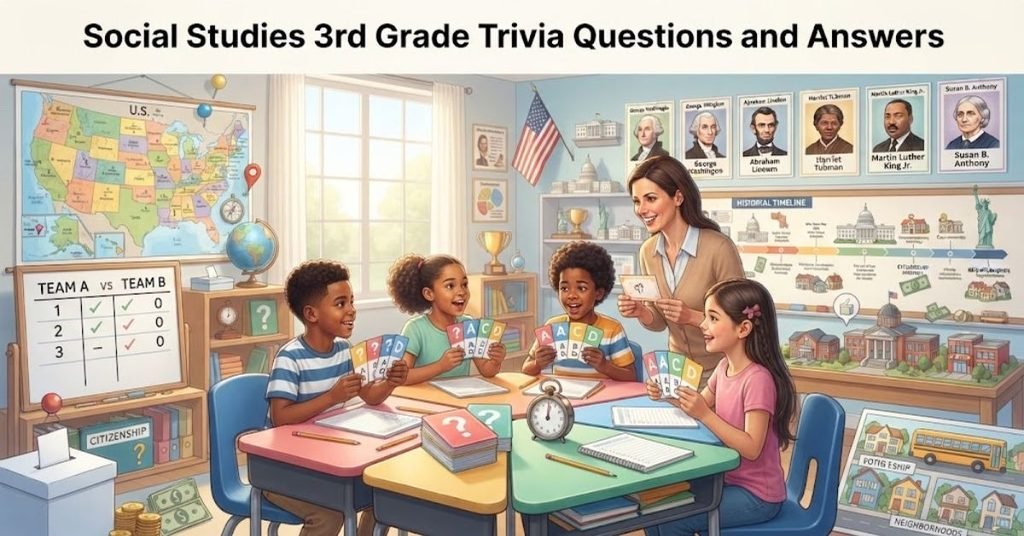 Short & Simple:"A colorful classroom globe resting on a wooden desk next to a school textbook."SEO Descriptive:"A vibrant elementary education graphic featuring a colorful world globe, a vintage map background, and fun 3rd grade social studies trivia questions and answers."