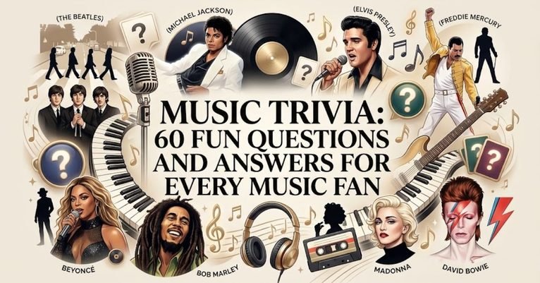 Short & Simple: "Colorful music trivia banner featuring vintage vinyl records and musical notes." SEO Descriptive: "A vibrant music trivia graphic featuring retro vinyl records, glowing headphones, and fun music questions for fans."