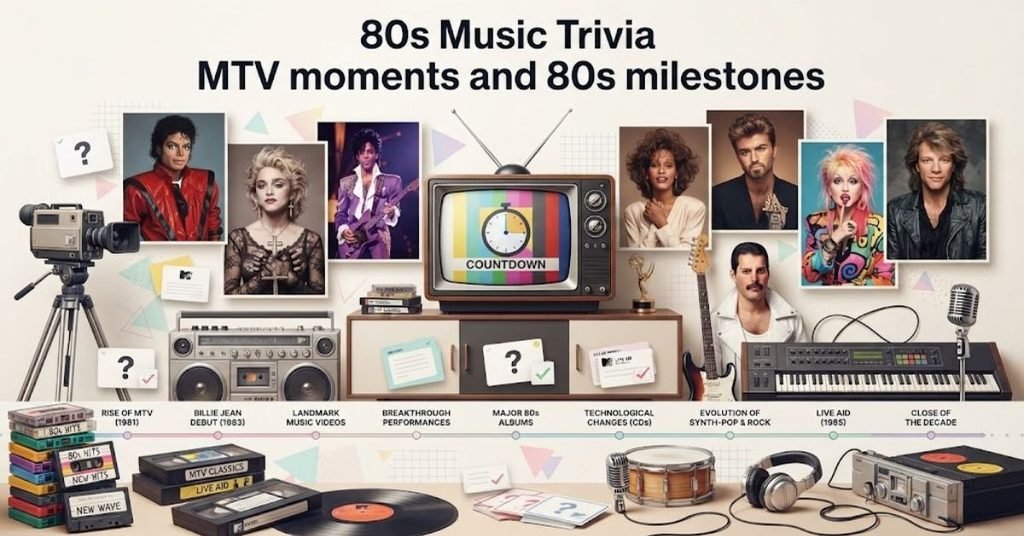 Short & Simple:"A vintage television playing retro music videos with glowing 1980s neon graphics."SEO Descriptive:"A vibrant 1980s music trivia graphic featuring a retro TV set, classic cassette tapes, and iconic MTV pop culture moments and music milestones."