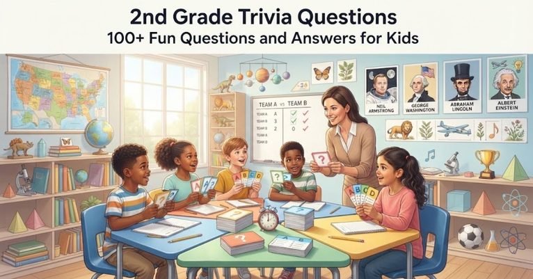 Short & Simple: "A colorful classroom chalkboard decorated with fun elementary math and alphabet letters." SEO Descriptive: "A vibrant elementary education graphic featuring a green chalkboard, playful school supplies, and 100+ fun 2nd grade trivia questions and answers for kids."
