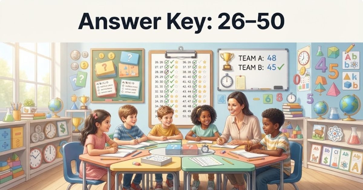 Short & Simple: "A colorful classroom chalkboard decorated with fun elementary math and alphabet letters." SEO Descriptive: "A vibrant elementary education graphic featuring a green chalkboard, playful school supplies, and 100+ fun 2nd grade trivia questions and answers for kids."