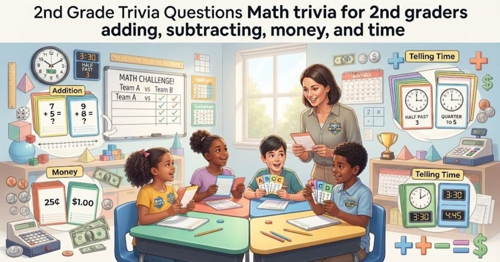 Short & Simple:"Colorful wooden math blocks, coins, and a clock face on a bright classroom desk."SEO Descriptive:"A vibrant elementary education graphic featuring colorful numbers, math symbols, coins, a clock, and fun 2nd grade math trivia questions on adding, subtracting, money, and time."