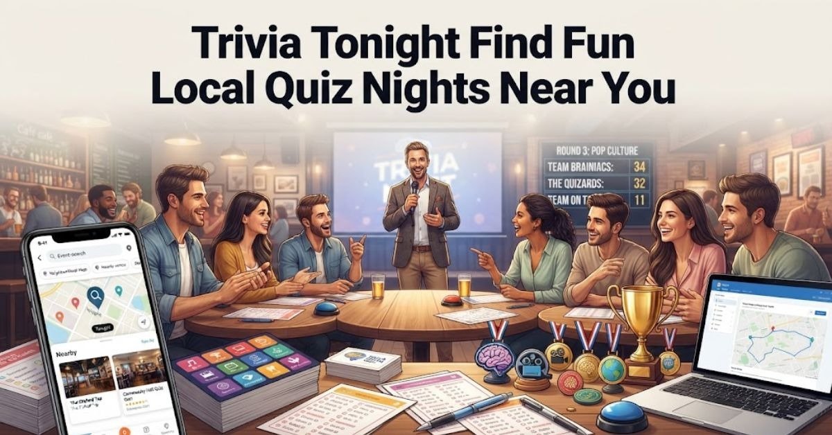 Yeh lijiye aapke topic "Trivia Tonight Find Fun Local Quiz Nights Near You" ke liye 2 sabse best alt text options: Short & Simple: "A glowing neon trivia sign lighting up a cozy local pub hosting a quiz night." SEO Descriptive: "A vibrant local event discovery graphic featuring a glowing neon quiz night sign, drinks, and a helpful guide on how to find fun trivia nights happening tonight near you."