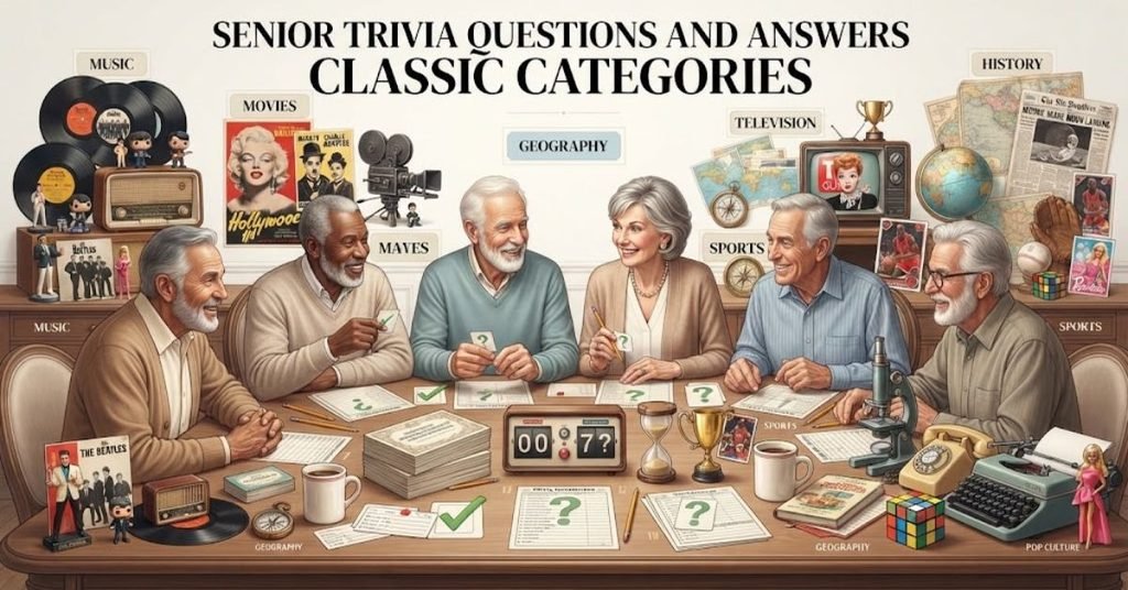 Short & Simple:"A classic leather-bound book, reading glasses, and a steaming cup of tea on a wooden table."SEO Descriptive:"A nostalgic senior trivia graphic featuring vintage memorabilia, classic retro items, and engaging trivia questions and answers across classic categories tailored for older adults."