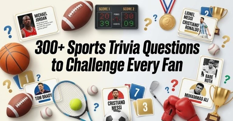 Short & Simple: "Dynamic sports trivia banner featuring a soccer ball, basketball, and football." SEO Descriptive: "An action-packed sports trivia graphic displaying various equipment including a football, soccer ball, basketball, and a championship trophy."