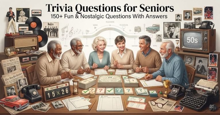 Short & Simple: "A cozy living room setting with a classic radio, vintage photo albums, and a warm cup of tea." SEO Descriptive: "A nostalgic senior trivia graphic featuring vintage memorabilia, classic retro items, and 150+ fun, engaging trivia questions and answers tailored for older adults."