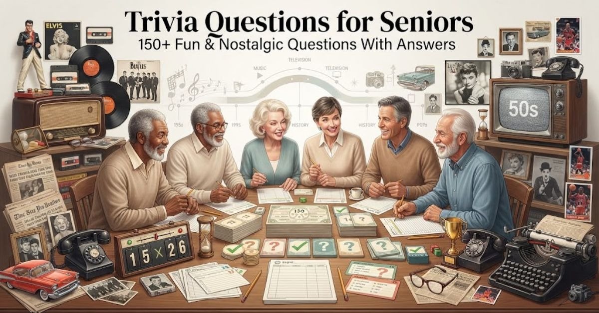 Short & Simple: "A cozy living room setting with a classic radio, vintage photo albums, and a warm cup of tea." SEO Descriptive: "A nostalgic senior trivia graphic featuring vintage memorabilia, classic retro items, and 150+ fun, engaging trivia questions and answers tailored for older adults."