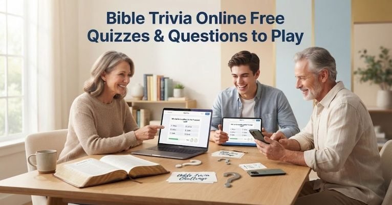 Alt text: A realistic lifestyle photo of a diverse group of friends smiling and brainstorming together at a lively trivia night around a wooden table, featuring quiz sheets, pens, a buzzer, and subtle Bible-themed trivia elements, with the bold title "Bible Trivia Online Free Quizzes & Questions to Play" integrated naturally at the top.