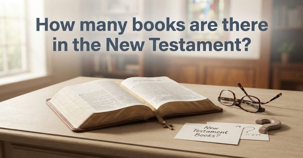 Option 1 (Descriptive): An open Bible resting on a wooden table, with the words "New Testament: 27 Books" overlaid on the image.Option 2 (Concise): Graphic displaying the number 27 next to a Bible icon, representing the total number of books in the New Testament.Option 3 (Detailed): A flat-lay image of various vintage books and a Bible, accompanied by text graphics highlighting the 27 books of the New Testament.