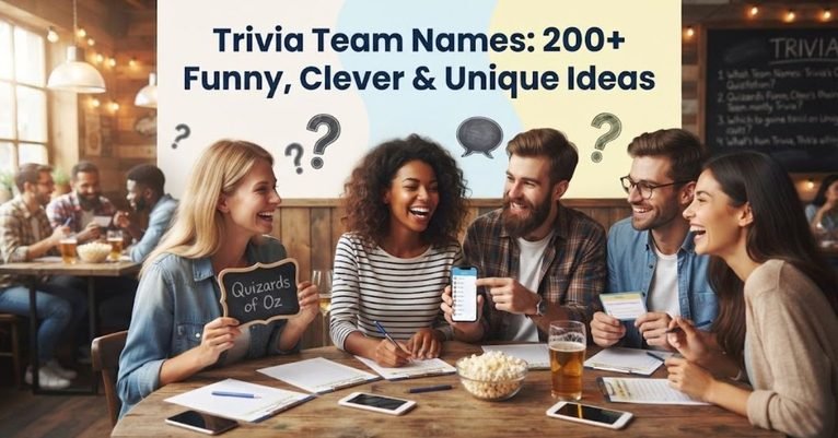 Option 1 (Descriptive): A neon sign glowing in a dimly lit pub that reads "Trivia Night," with a group of friends laughing around a table filled with drinks and scorecards. Option 2 (Concise): Bold graphic text reading "Trivia Team Names: Funny, Clever & Unique Ideas" set against a vibrant chalkboard background. Option 3 (Detailed): A flat-lay image featuring a trophy, a pen, a trivia answer sheet, and bold title typography showcasing a list of fun team names.