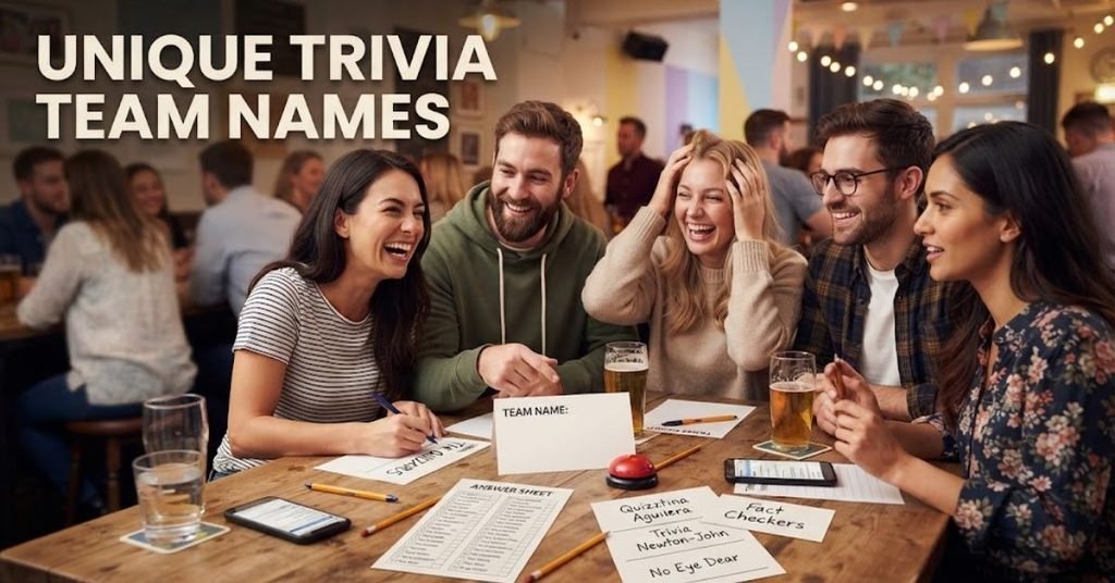 Option 1 (Descriptive): A colorful, eye-catching banner featuring a glowing lightbulb graphic alongside bold lettering that reads "Unique Trivia Team Names."Option 2 (Concise): A flat-lay image of a quiz answer sheet, pencil, and trophy with text overlaying "Creative & Unique Team Names."Option 3 (Detailed): A group of enthusiastic friends sitting around a pub table holding up a scoreboard, set against a dark stylized background with a "Unique Team Names" title.