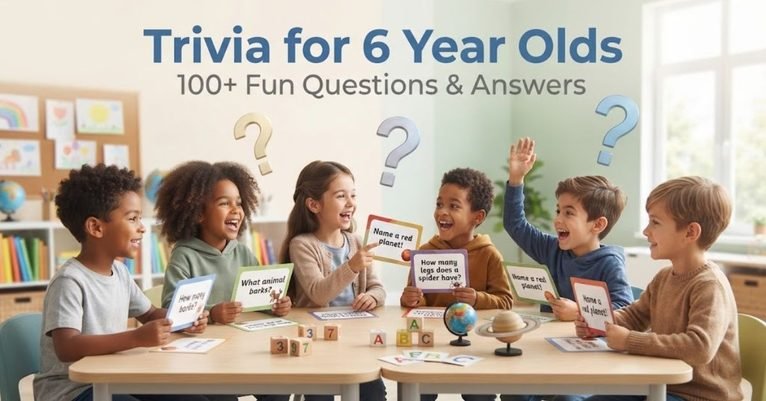 Option 1 (Descriptive): A colorful, child-friendly banner featuring cheerful cartoon animals, a bright yellow sun, and bold title text reading "Trivia for 6 Year Olds: 100+ Fun Questions & Answers." Option 2 (Concise): Playful graphic illustration with building blocks, crayons, and the title "Trivia for 6-Year-Olds." Option 3 (Detailed): A vibrant classroom-themed graphic showing smiling kids surrounded by educational icons, stars, and the text overlay for a 6-year-old trivia guide.
