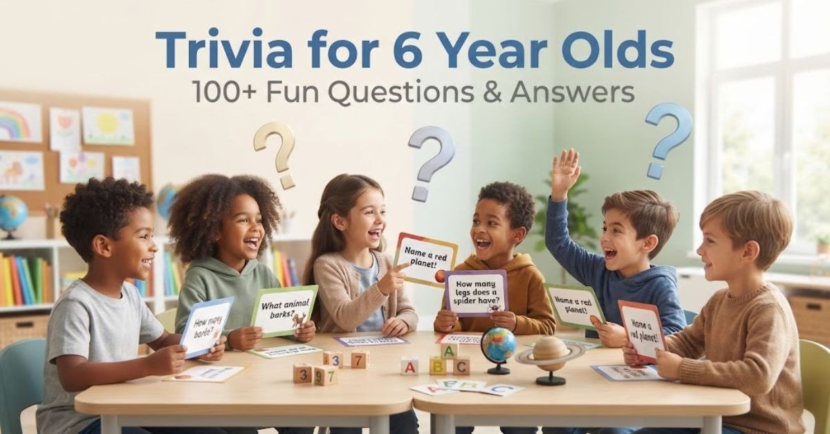 Option 1 (Descriptive): A colorful, child-friendly banner featuring cheerful cartoon animals, a bright yellow sun, and bold title text reading "Trivia for 6 Year Olds: 100+ Fun Questions & Answers." Option 2 (Concise): Playful graphic illustration with building blocks, crayons, and the title "Trivia for 6-Year-Olds." Option 3 (Detailed): A vibrant classroom-themed graphic showing smiling kids surrounded by educational icons, stars, and the text overlay for a 6-year-old trivia guide.