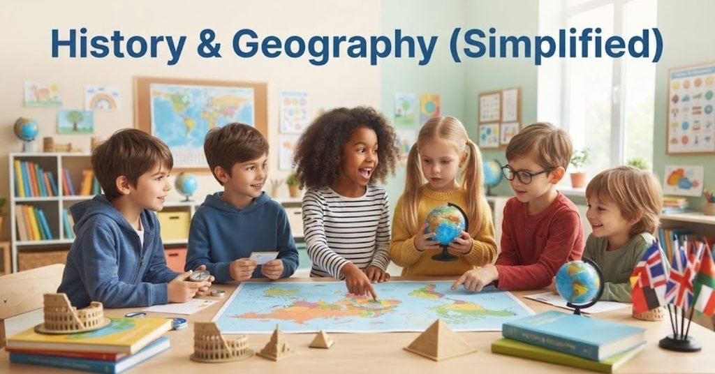 Option 1 (Descriptive): A bright, colorful cartoon globe surrounded by historical icons like a pyramid and an old pirate ship, with bold text reading "History & Geography (Simplified)."Option 2 (Concise): Playful educational graphic featuring a compass, a globe, and title text for simplified history and geography trivia.Option 3 (Detailed): An engaging classroom-style illustration with maps, a treasure chest, and bold typography highlighting easy history and geography questions for kids.