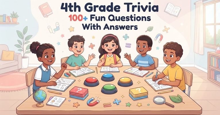 Short & Simple: "Colorful 4th grade trivia banner with school supplies and books." SEO Descriptive: "An engaging educational graphic featuring a stack of textbooks, colorful school supplies, and 4th grade learning trivia text."
