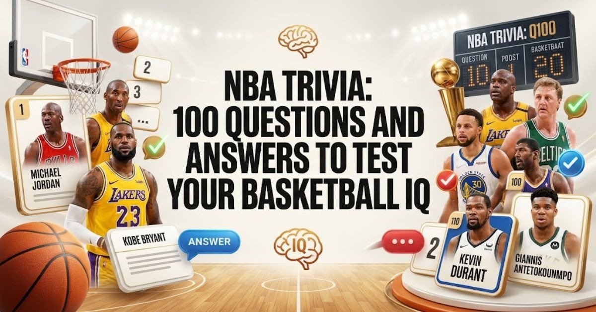 "Basketball bouncing on a glossy indoor court with a hoop in the background." SEO Descriptive: "An action-packed NBA basketball trivia graphic featuring a glowing orange basketball, a net, and high-scoring basketball quiz text."