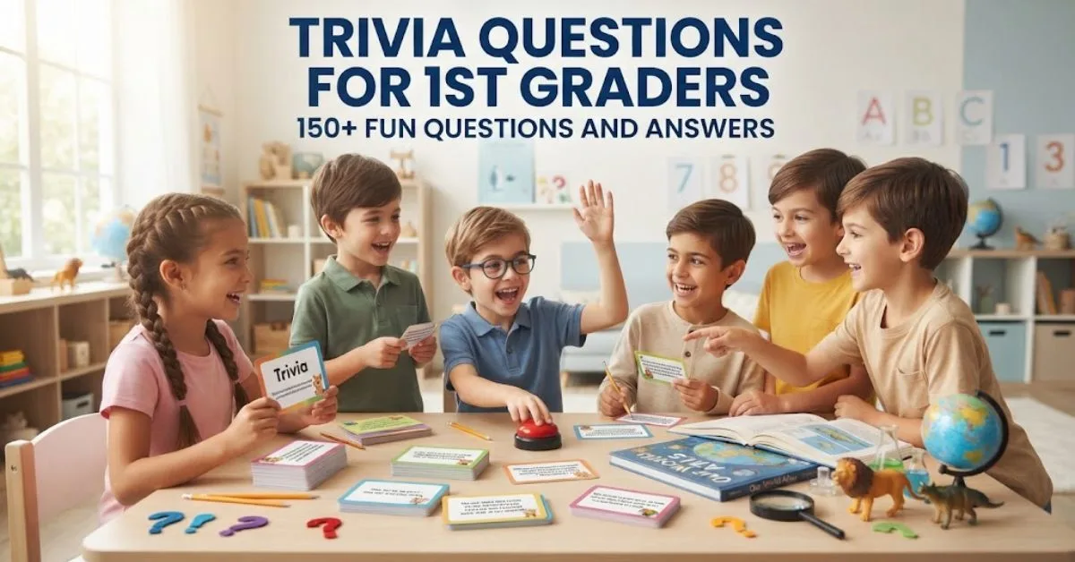 Option 1 (Descriptive): A group of happy first-grade children sitting around a table in a bright modern classroom, eagerly participating in a trivia game with question cards, a buzzer, a globe, and books. Option 2 (Concise): Children smiling and playing a classroom trivia game surrounded by educational props and the title text "Trivia Questions for 1st Graders 150+ Fun Questions and Answers".