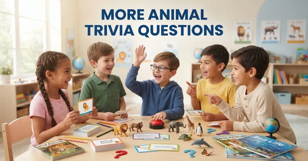 Option 1 (Descriptive): Five happy first-grade children gathered around a wooden table in a bright classroom, eagerly participating in an animal trivia game with colorful question cards and plastic animal figures[cite: 7].Option 2 (Concise): Children smiling and playing an animal trivia quiz surrounded by educational toys, with the title "More Animal Trivia Questions" displayed above them[cite: 7].Option 3 (Detailed): Professional educational lifestyle photo showing young students in a sunlit classroom engaged in a fun quiz activity, complete with colorful question cards, toy animals, a magnifying glass, and a red quiz buzzer on the table[cite: 7].