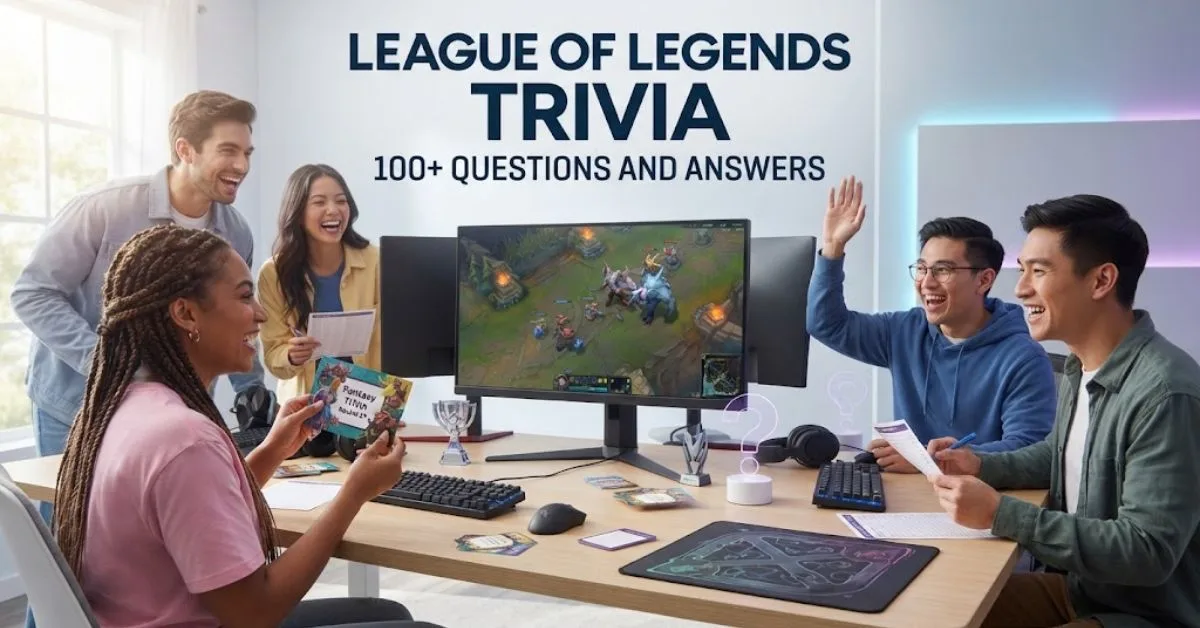 Option 1 (Descriptive): A diverse group of friends gathered around a modern gaming desk in a bright room, excitedly participating in a League of Legends trivia challenge with monitors, answer sheets, and question cards. Option 2 (Concise): Friends smiling and playing a gaming trivia game in a modern setup, accompanied by the title "League of Legends Trivia 100+ Questions and Answers". Option 3 (Detailed): Professional editorial lifestyle photo showcasing a fun gaming quiz night featuring monitors displaying a virtual arena, glowing question marks, headsets, keyboards, and scorecards on a wooden table.