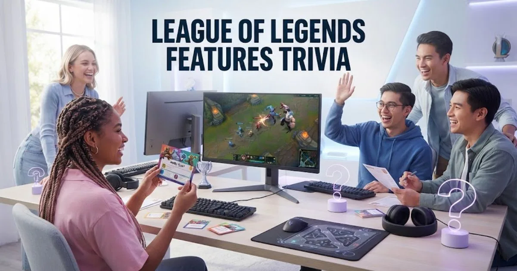 Alt Text SuggestionsOption 1 (Descriptive): A diverse group of friends gathered around a modern gaming desk in a bright room, excitedly participating in a League of Legends features trivia challenge with monitors, answer sheets, and question cards. Option 2 (Concise): Friends smiling and playing a game features trivia night in a modern setup, accompanied by the title "League of Legends Features Trivia". Option 3 (Detailed): Professional editorial lifestyle photo showcasing an engaging gaming quiz featuring monitors displaying a virtual battle arena, glowing question marks, headsets, keyboards, and scorecards on a wooden table.