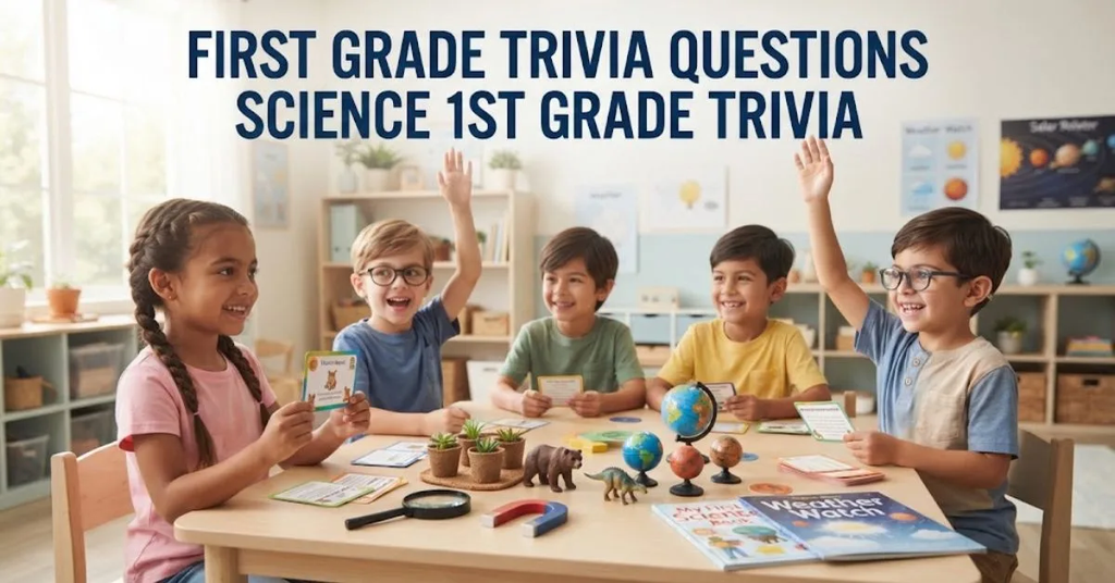 Option 1 (Descriptive): A group of enthusiastic first-grade children gathered around a wooden table in a bright modern classroom, excitedly raising their hands and participating in a science trivia activity with colorful question cards and educational props. Option 2 (Concise): Children smiling and playing a first-grade science trivia quiz in a sunlit classroom, accompanied by the title text "First Grade Trivia Questions Science 1st Grade Trivia". Option 3 (Detailed): Professional educational lifestyle photo showing young students engaged in a fun science quiz, featuring a globe, magnets, a magnifying glass, potted plants, and science books arranged neatly on the table.