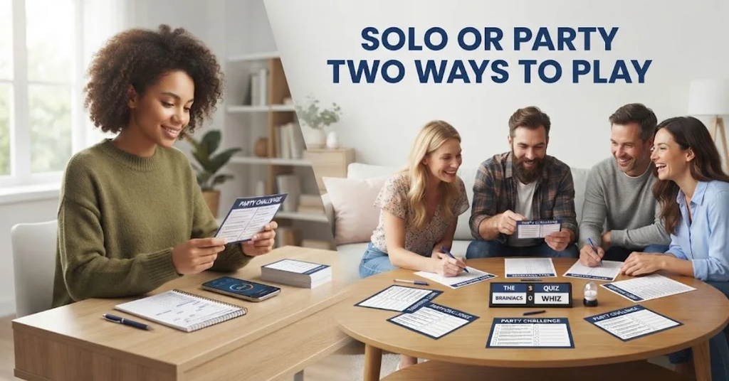 A split-screen photo illustrates the article title "Solo or party two ways to play," with a woman on the left playing a trivia game alone at a desk, and three people on the right playing a group trivia game on a couch. Both scenes include score sheets and game cards [cite:8].