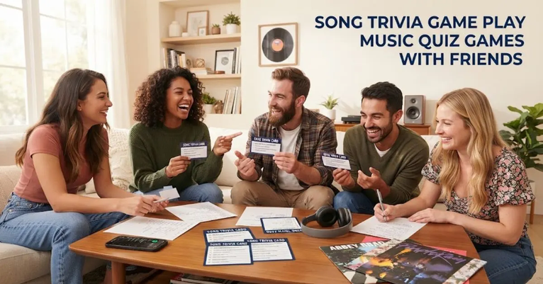 Alt text: A diverse group of cheerful friends sitting around a living room table playing a song trivia game, holding music quiz cards and answer sheets while laughing and enjoying a music quiz night together